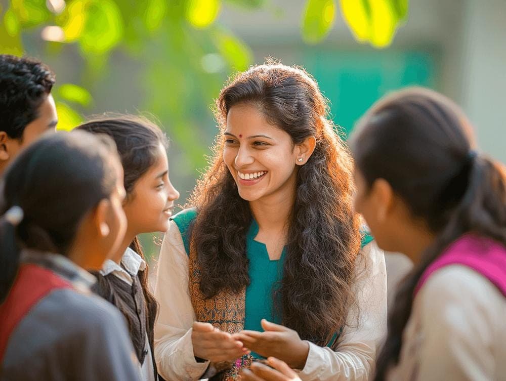 Why Teacher and Student Wellness Matters  A teacher sitting with 2–3 students in a modern educational environment, having a relaxed and supportive conversation. Students should look comfortable rather than like they are being taught. community counseling for teacher and student