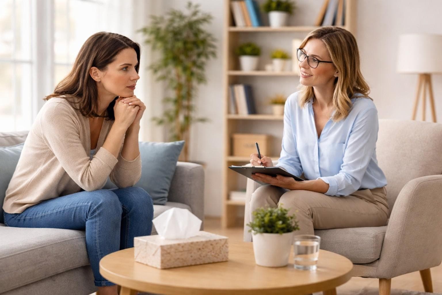 Anger Management Counseling  A person sitting thoughtfully, with a subtle visual transition from a tense red atmosphere on one side to a peaceful calm atmosphere on the other.