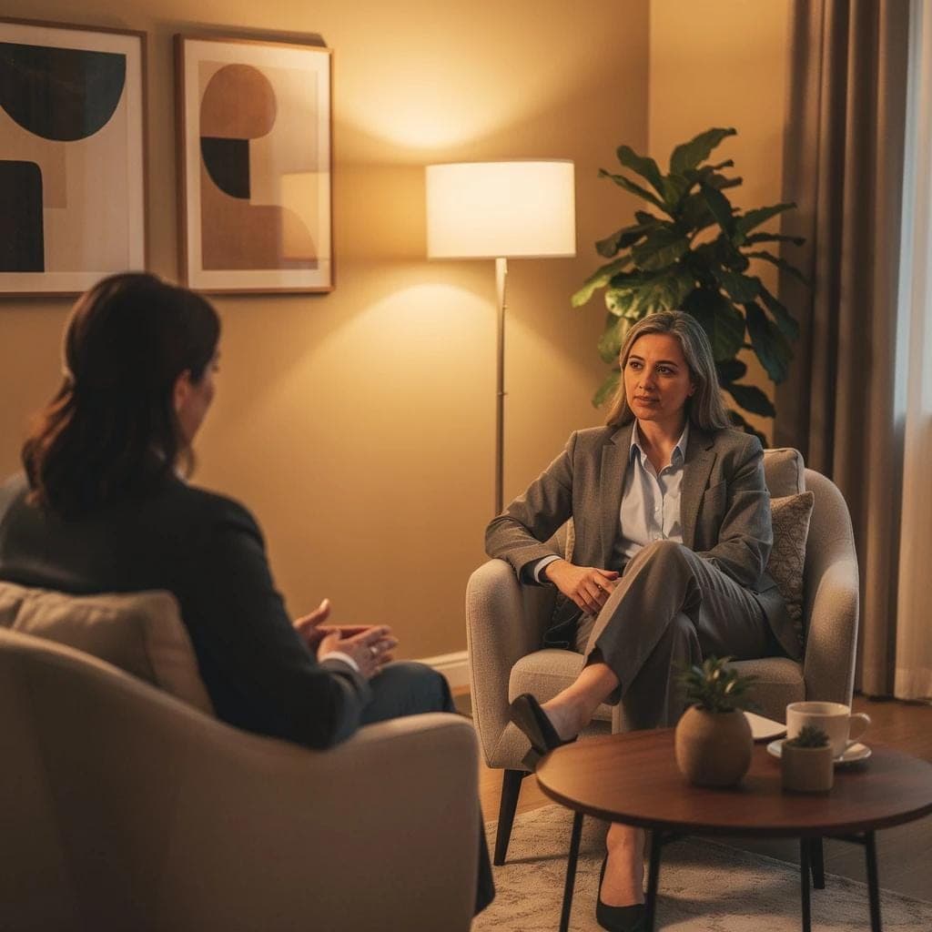 A warm, book-lined room set up for counselling Trauma Healing