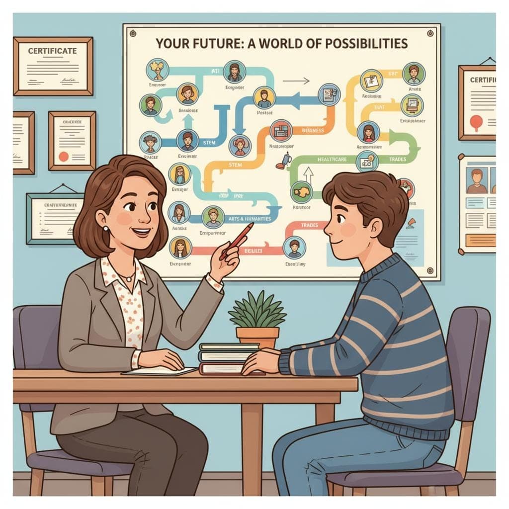 Who Can Benefit From Career Guidance career guidance counselor This reference uses large heading + small icons + counselor/student illustration, which is particularly suitable for your blog's educational sections.