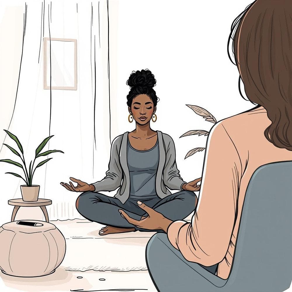 What Role Do Counseling Services Play? with What Is Spiritual Healing & Counselling? A Complete Guide for Beginners  Counselor and client sitting in a calm room. Behind them, a subtle meditating silhouette, lotus and soft glowing elements.