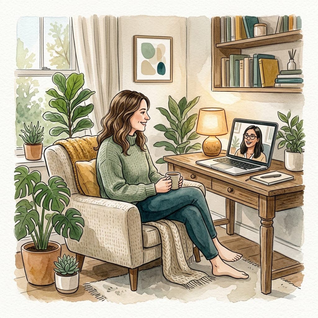 Is Online Counseling Right for Everyone with Online Counseling for Depression and Anxiety Woman sitting comfortably at home and speaking with a therapist through a laptop during an online counseling session.