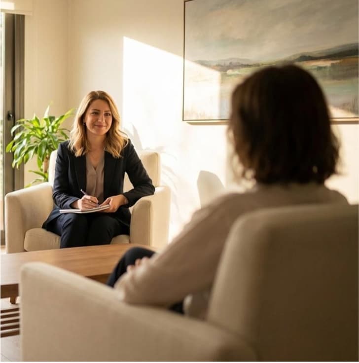 A counsellor and client talking during a one-to-one session, anger management counseling