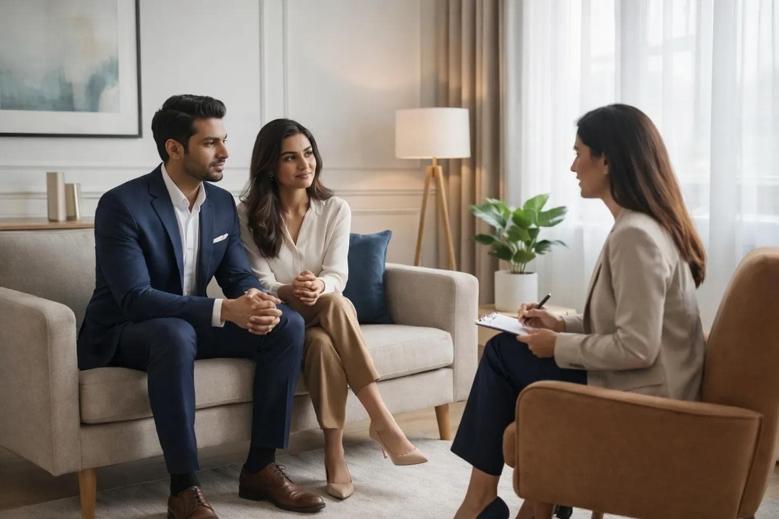 Husband and wife sitting with a professional relationship counselor in a warm counseling room. Marriage Counseling Indian Husband and wife sitting with a professional relationship counselor in a warm counseling room. Marriage Counseling Indian