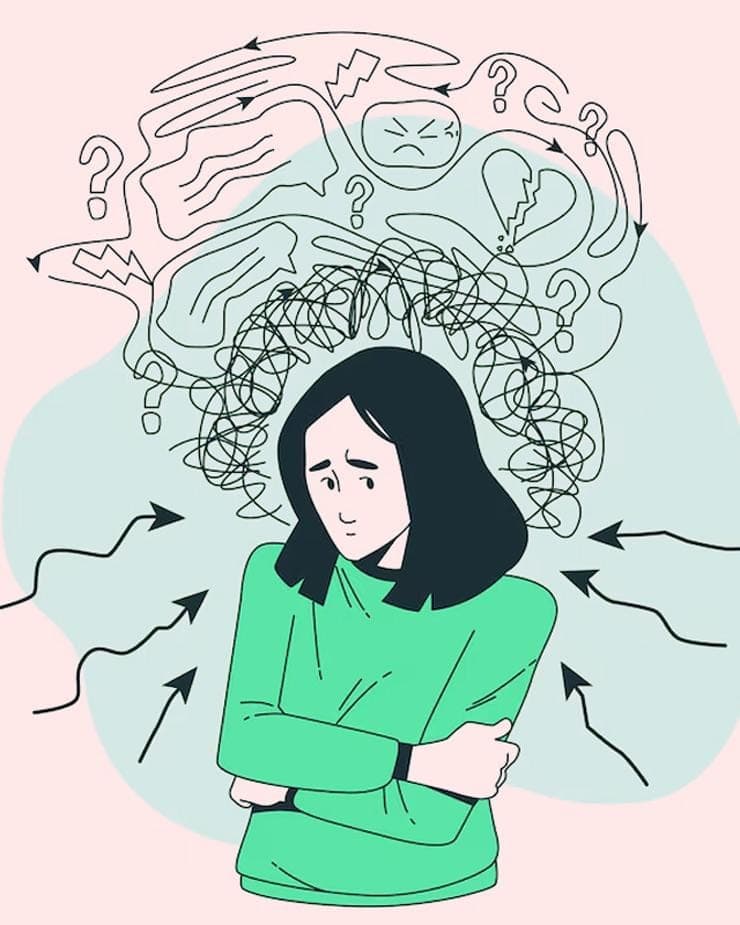 Signs of emotional exhaustion, A professional sitting at a desk with a laptop, coffee and notebook. Around their head are simple floating illustrations of emails, a clock, conversations and multiple thoughts. Signs of emotional exhaustion, A professional sitting at a desk with a laptop, coffee and notebook. Around their head are simple floating illustrations of emails, a clock, conversations and multiple thoughts.