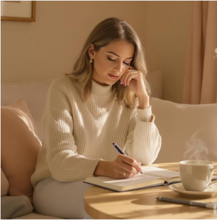A woman journalling quietly at home with a cup of tea, and counselling session A woman journalling quietly at home with a cup of tea, and counselling session